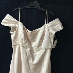 Long Formal Off Shoulder Bridesmaid Dress with pearls on the chest